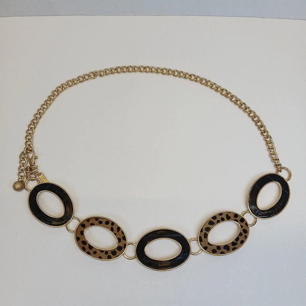 Chicos Gold Tone Chain Belt Leopard Print Calf Hair Black Faux Croc Oval Links